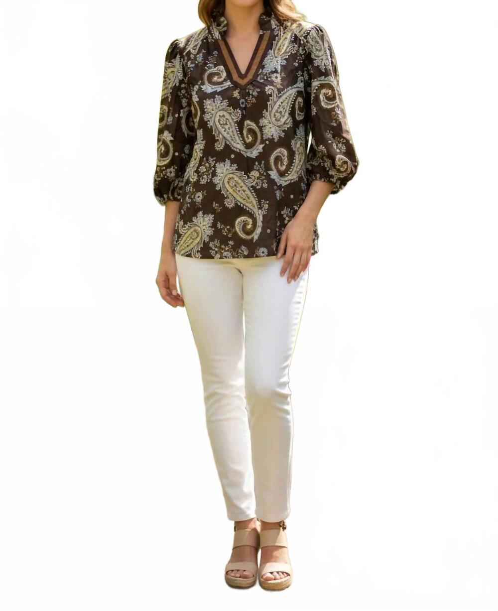 NEW UMGEE women's paisley print long sleeve top in brown mix